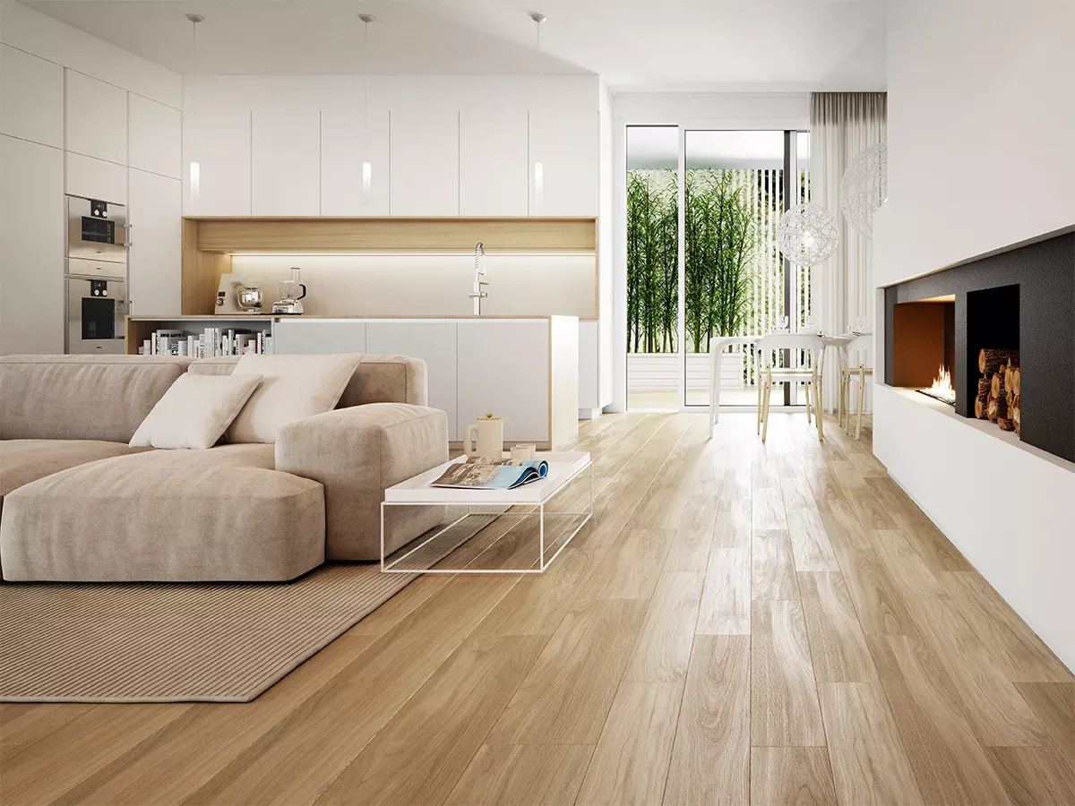 Płytki drewnopodobne w salonie