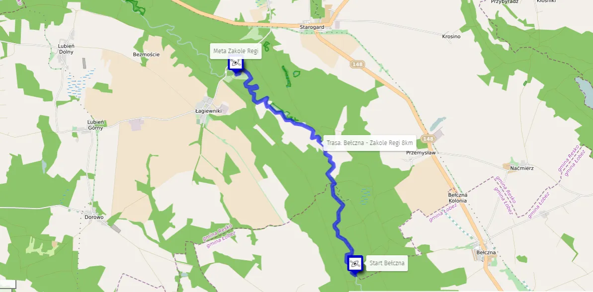 Mapa tras spływów kajakowych rzeką Redą