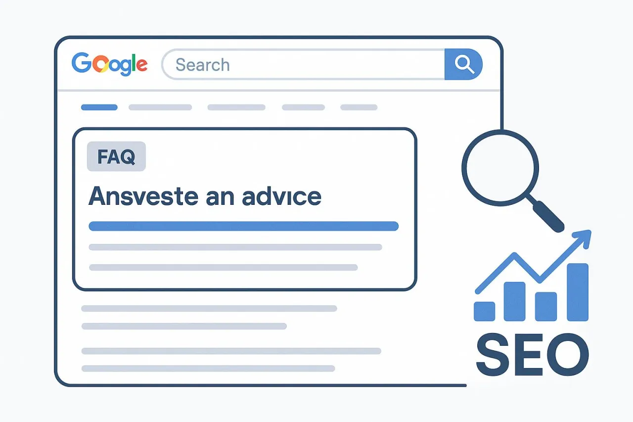 FAQ co to? Wyniki wyszukiwania Google z sekcją FAQ i ikoną SEO wskazującą na wzrost.