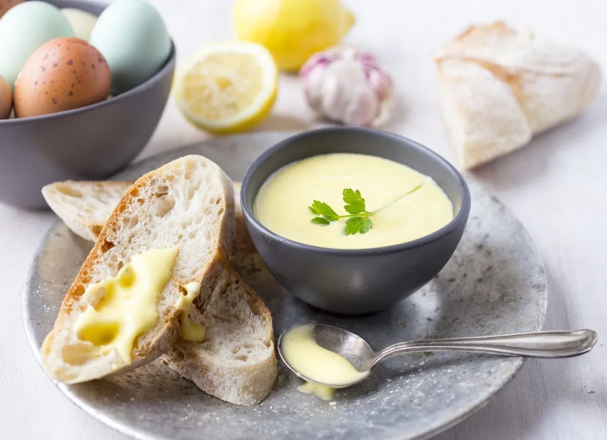 domowe aioli bez jajek gotowy sos w miseczce z ziołami