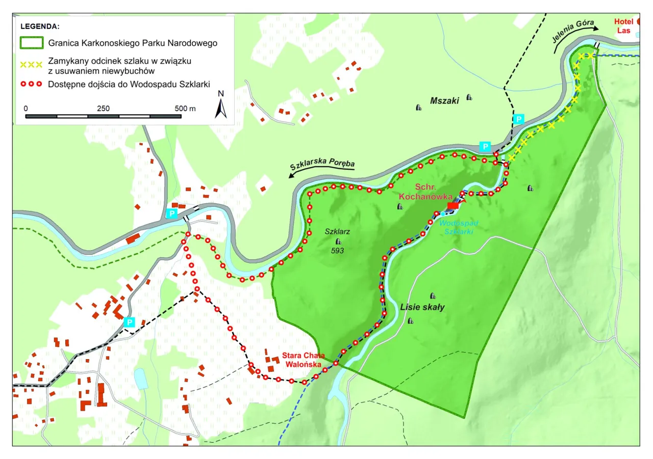 Mapa Szklarskiej Poręby z zaznaczonymi szlakami do Wodospadu Szklarki. Najlepsze szlaki prowadzą przez malownicze tereny Karkonoskiego Parku Narodowego.