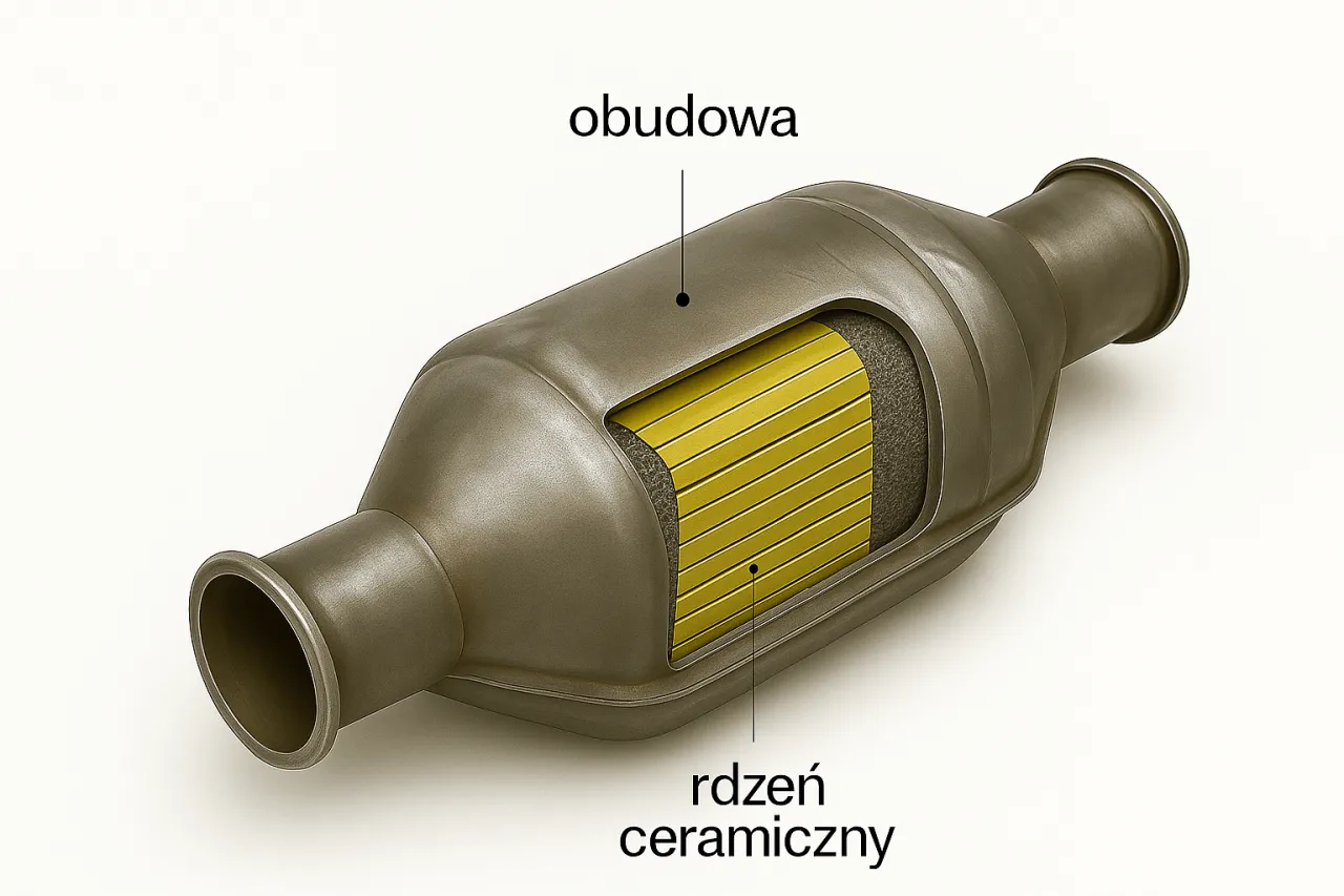 Przekr&oacute;j katalizatora samochodowego, pokazujący obudowę i ceramiczny rdzeń. To dzięki niemu szkodliwe spaliny stają się mniej toksyczne.