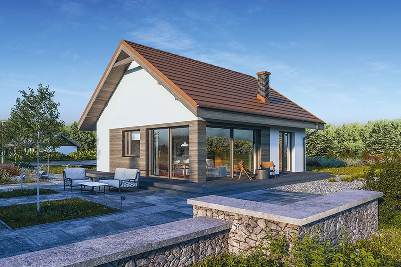 Nowoczesny dom z dużymi przeszkleniami i tarasem. Idealny dla osób szukających odpowiedzi na pytanie: ile m2 dom bez pozwolenia na budowę.