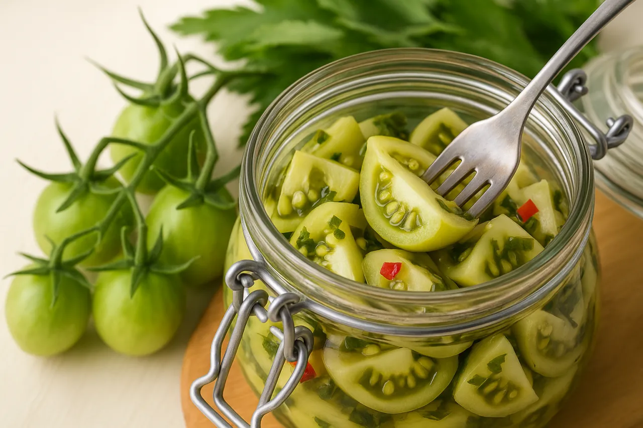 r&oacute;żne rodzaje sałatek z zielonych pomidor&oacute;w