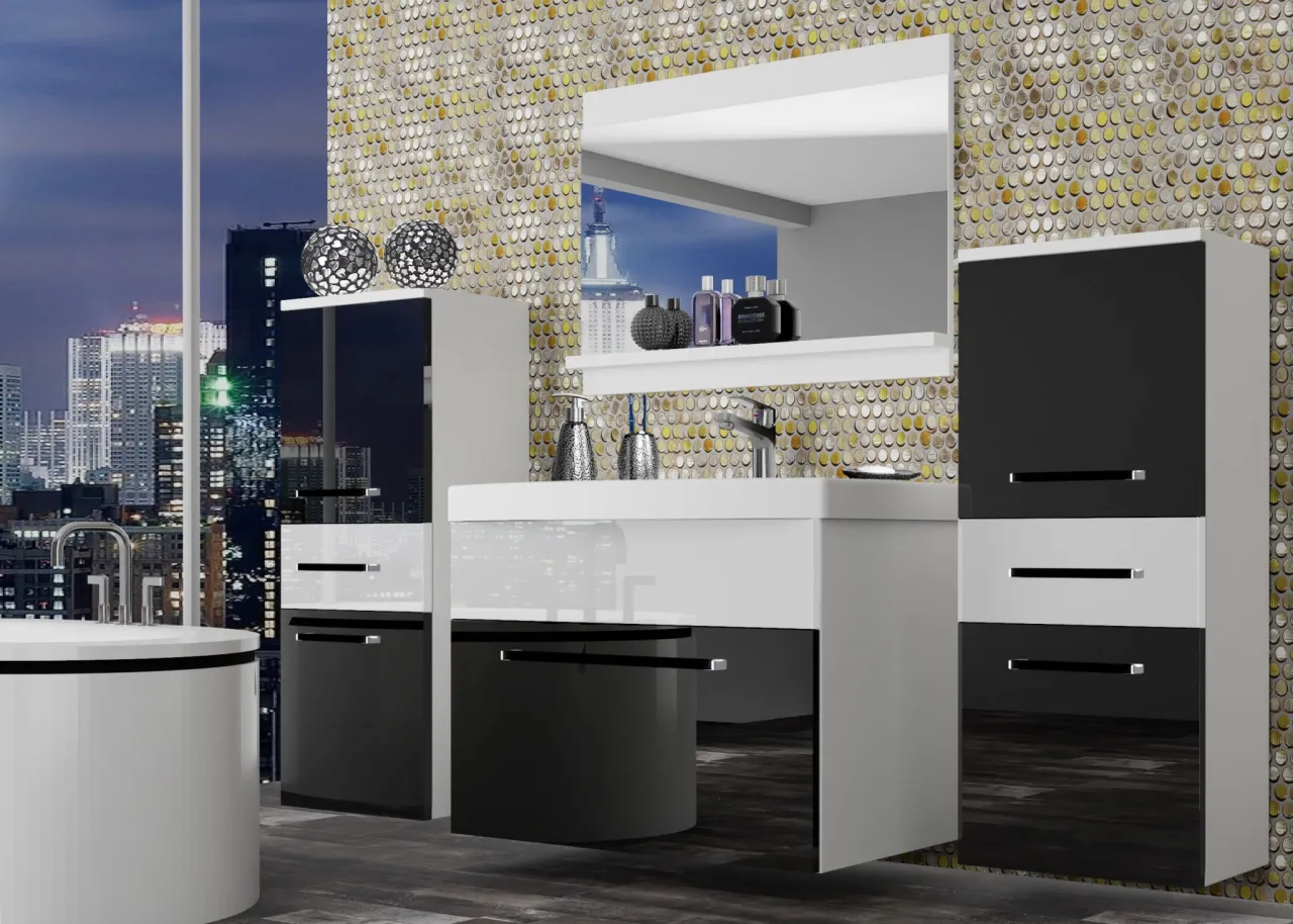 Biała łazienka meble drewniane czarne szare