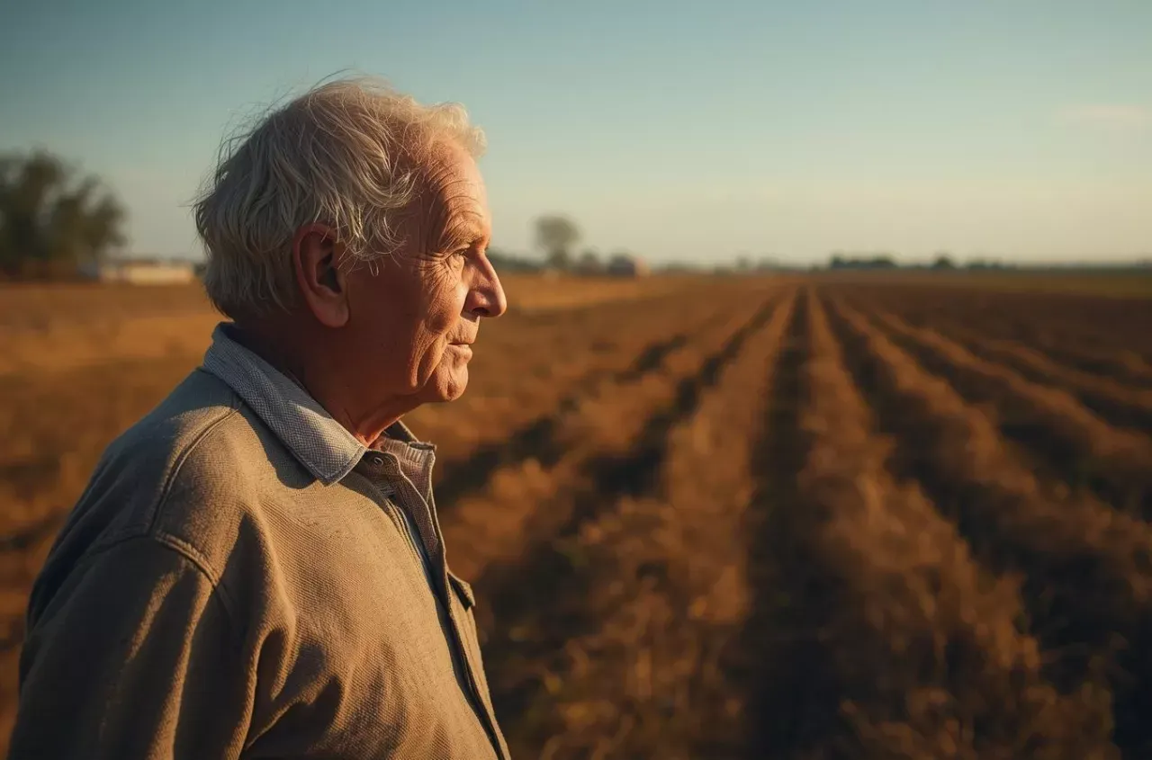 Starszy rolnik patrzy na pole, zastanawiając się, ile wynosi emerytura rolnicza.