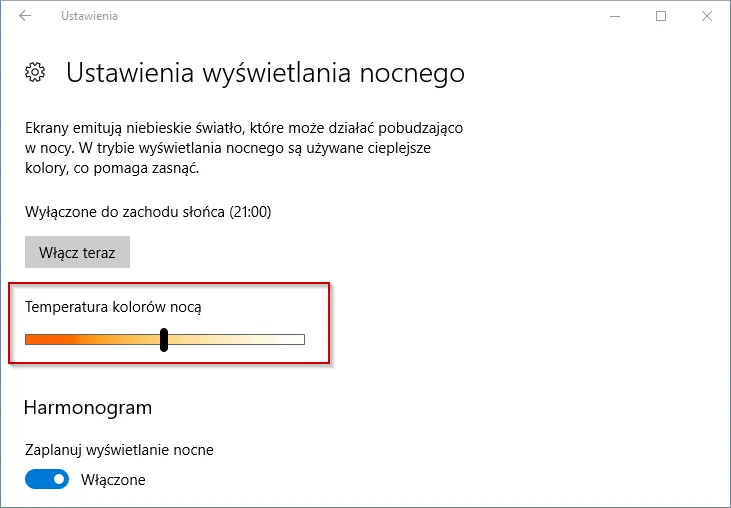 Ustawienia wyświetlania nocnego Windows 10 siła filtra i harmonogram