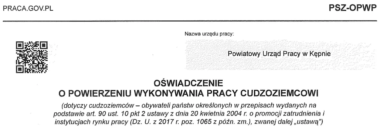 oświadczenie o powierzeniu wykonywania pracy cudzoziemcowi wzór