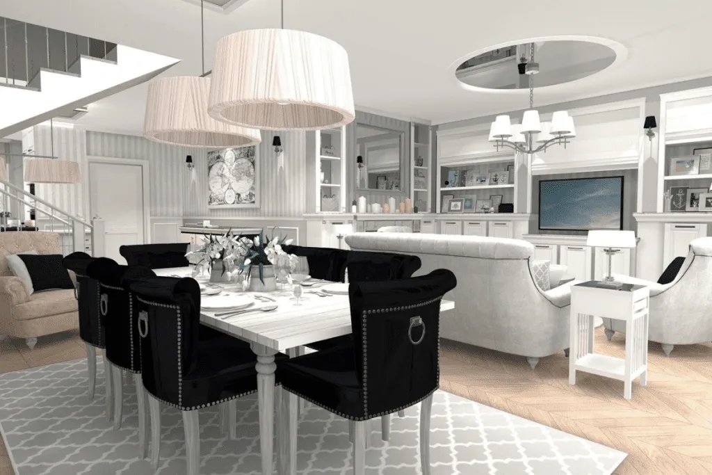 salon z nowoczesnym żyrandolem w stylu glamour