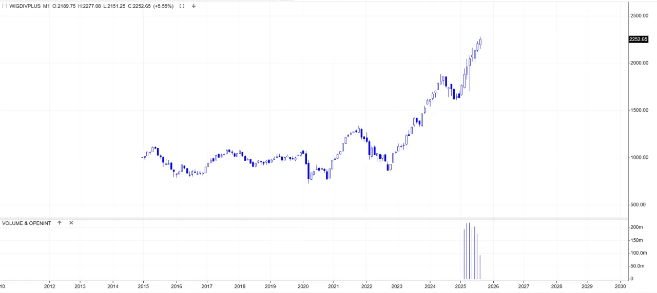Wykres długoterminowego wzrostu akcji, wykres ETF, dywidendy