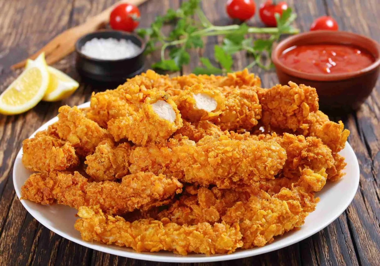 Domowy kurczak KFC na talerzu z frytkami