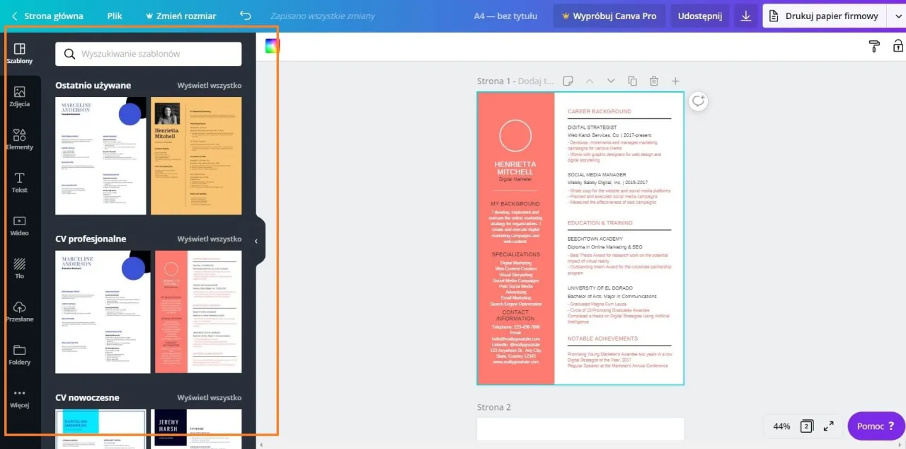 przykładowe darmowe szablony CV Canva