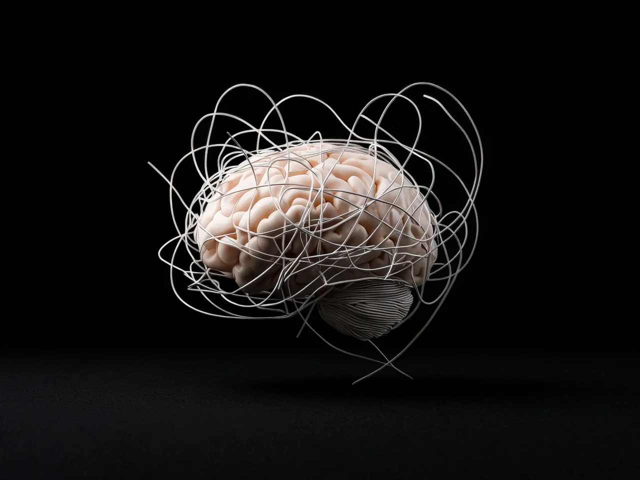 Model ludzkiego m&oacute;zgu spowity białymi, splątanymi przewodami. Czy to metafora chaosu myśli, czy click bait?