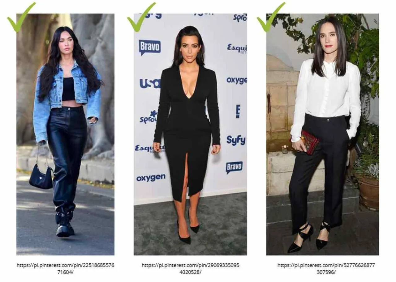 Trzy kobiety w czarnych stylizacjach: w jeansowej kurtce i sk&oacute;rzanych spodniach, w obcisłej sukience z dekoltem, w białej koszuli i czarnych spodniach.