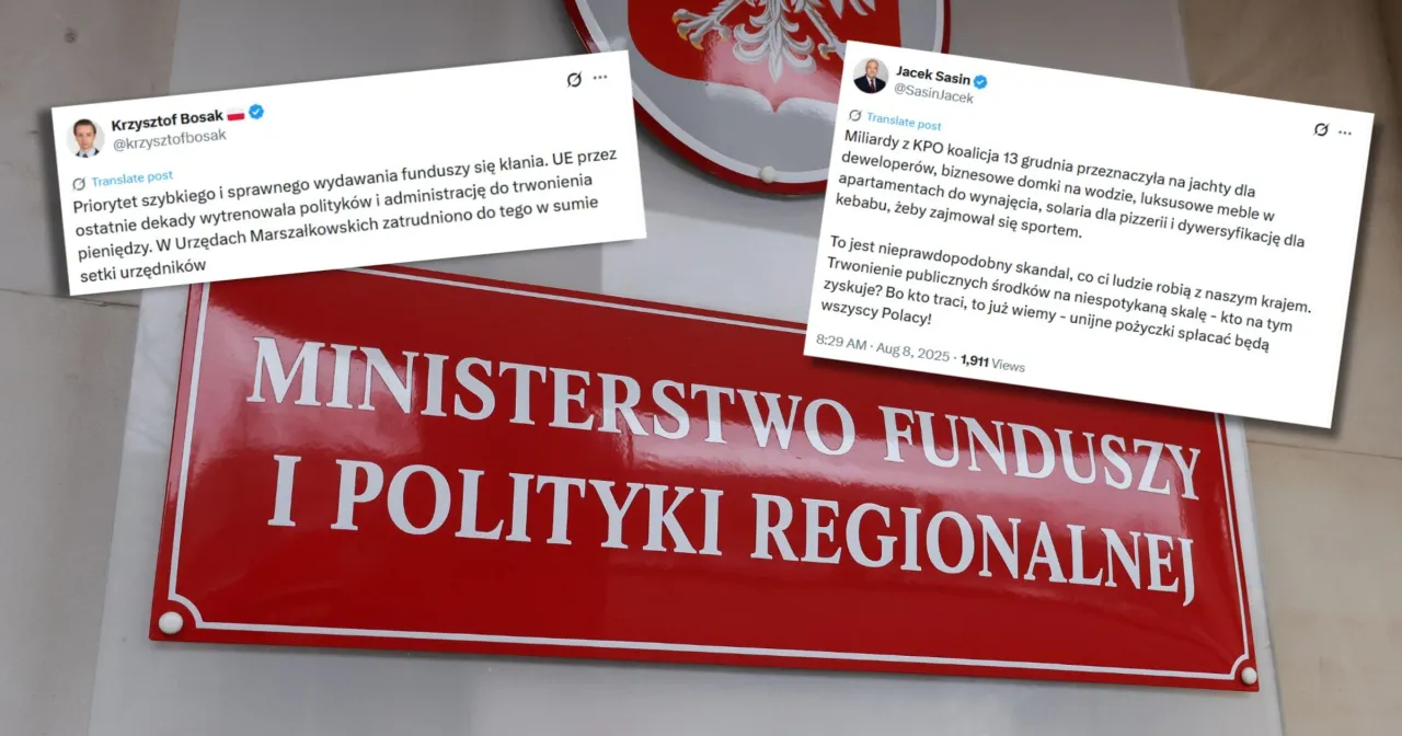 Dyskusja o pieniądzach z KPO: czy to pożyczka? Tweet Jacka Sasina i Krzysztofa Bosaka na tle tablicy 