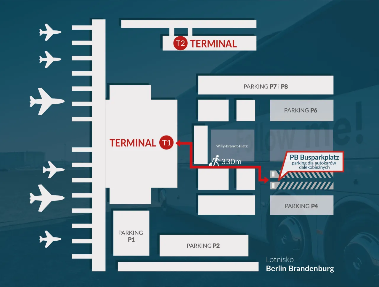 Mapa lotniska Berlin Brandenburg BER przystanek autobusowy Fernbusparkplatz