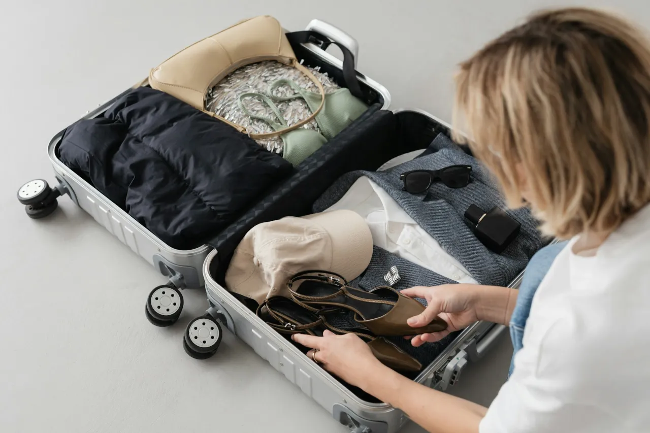 Kobieta pakuje walizkę: kurtka, torebka, bielizna, buty, czapka, okulary, perfumy. Wskazówki, jak spakować kosmetyki do samolotu.