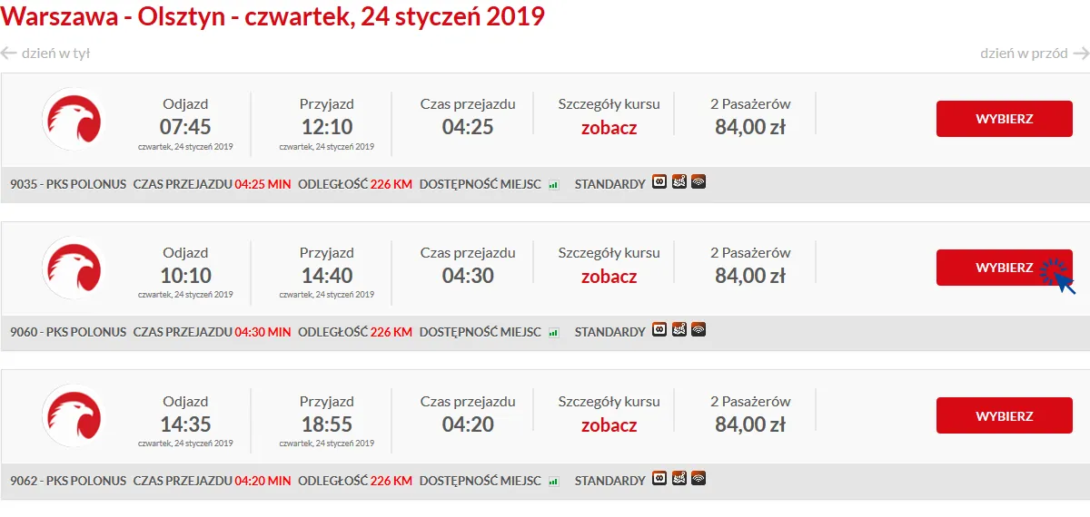 Zrzut ekranu rozkład jazdy online PKS