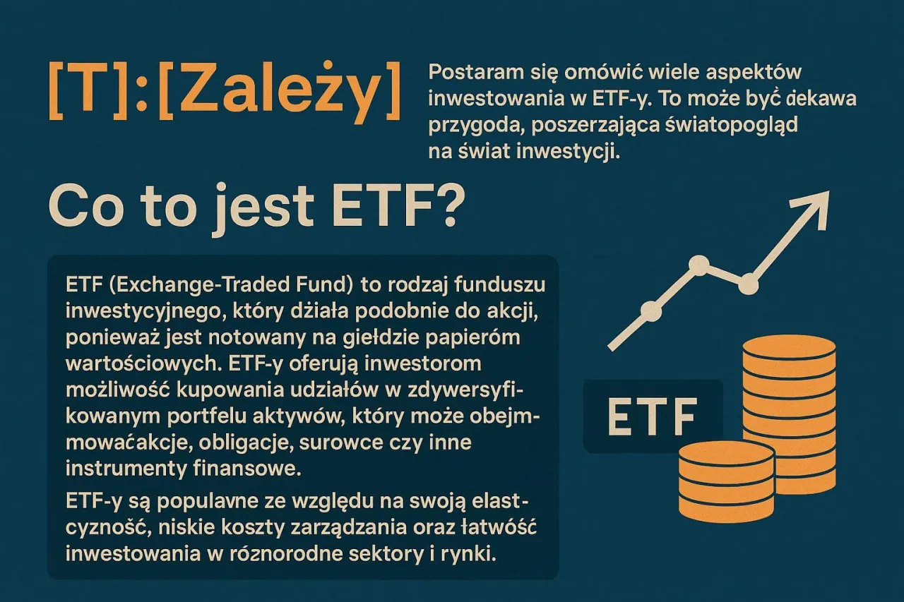 [T]:[Zależy] Co to jest ETF? Wyjaśnienie, czy warto inwestować w fundusze inwestycyjne, z grafiką wzrostu i monet.