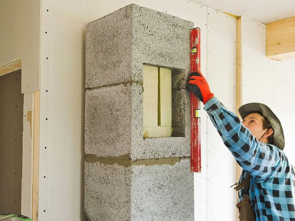 Budowa komina z bloczk&oacute;w betonowych. Mężczyzna w rękawicach sprawdza pionem, jak założyć komin.