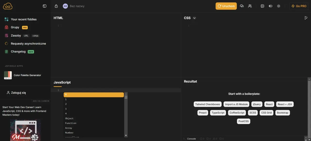 Edytor kodu online, gdzie można pisać HTML, CSS i JavaScript. Widoczny jest panel z opcjami i podgląd wyników.