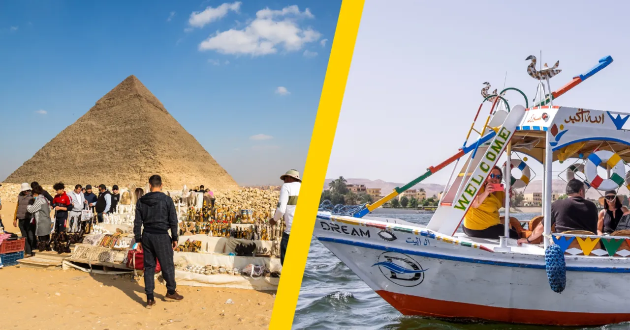 turysta w kapeluszu pije wodę w Egipcie