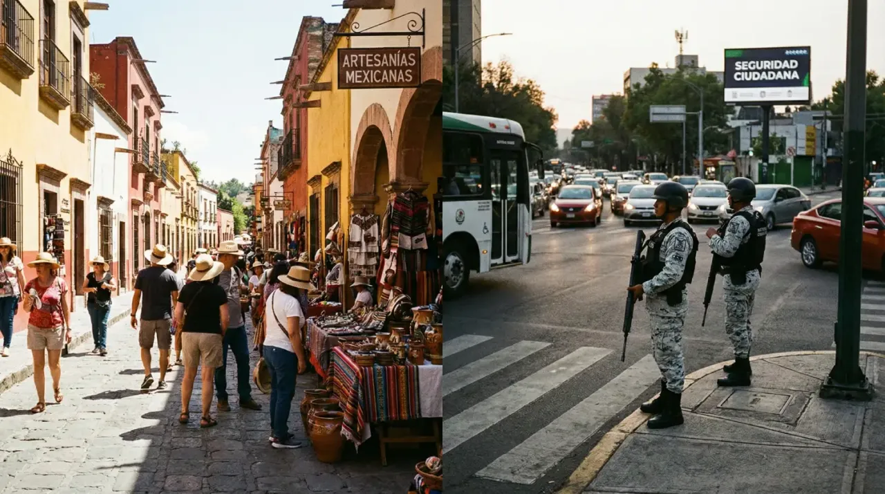 Kolorowa ulica z turystami i stragany z rękodziełem po lewej, po prawej dwóch uzbrojonych żołnierzy i ruchliwa ulica. Czy Meksyk jest bezpieczny dla turystów?