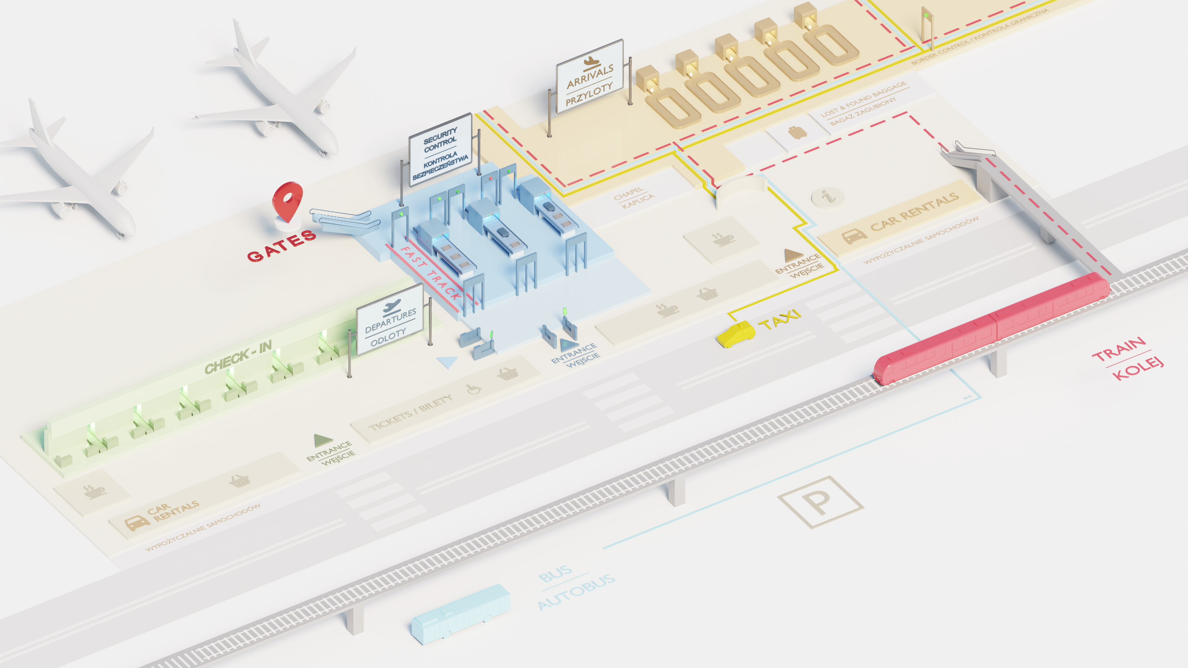 Schemat lotniska w Gdańsku: check-in, security control, fast track, departures, arrivals, car rentals, taxi, train, bus. Dowiedz się, jak dojechać na lotnisko w Gdańsku.