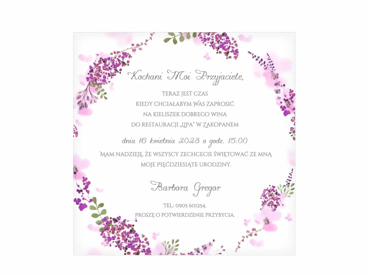 Przykładowe zaproszenie urodzinowe z zaznaczonymi elementami