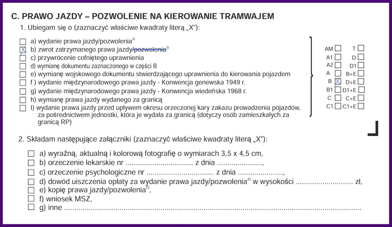 Formularz wniosku o zwrot zatrzymanego prawa jazdy, kluczowy przy staraniach, jak odzyskać prawo jazdy zabrane za alimenty.