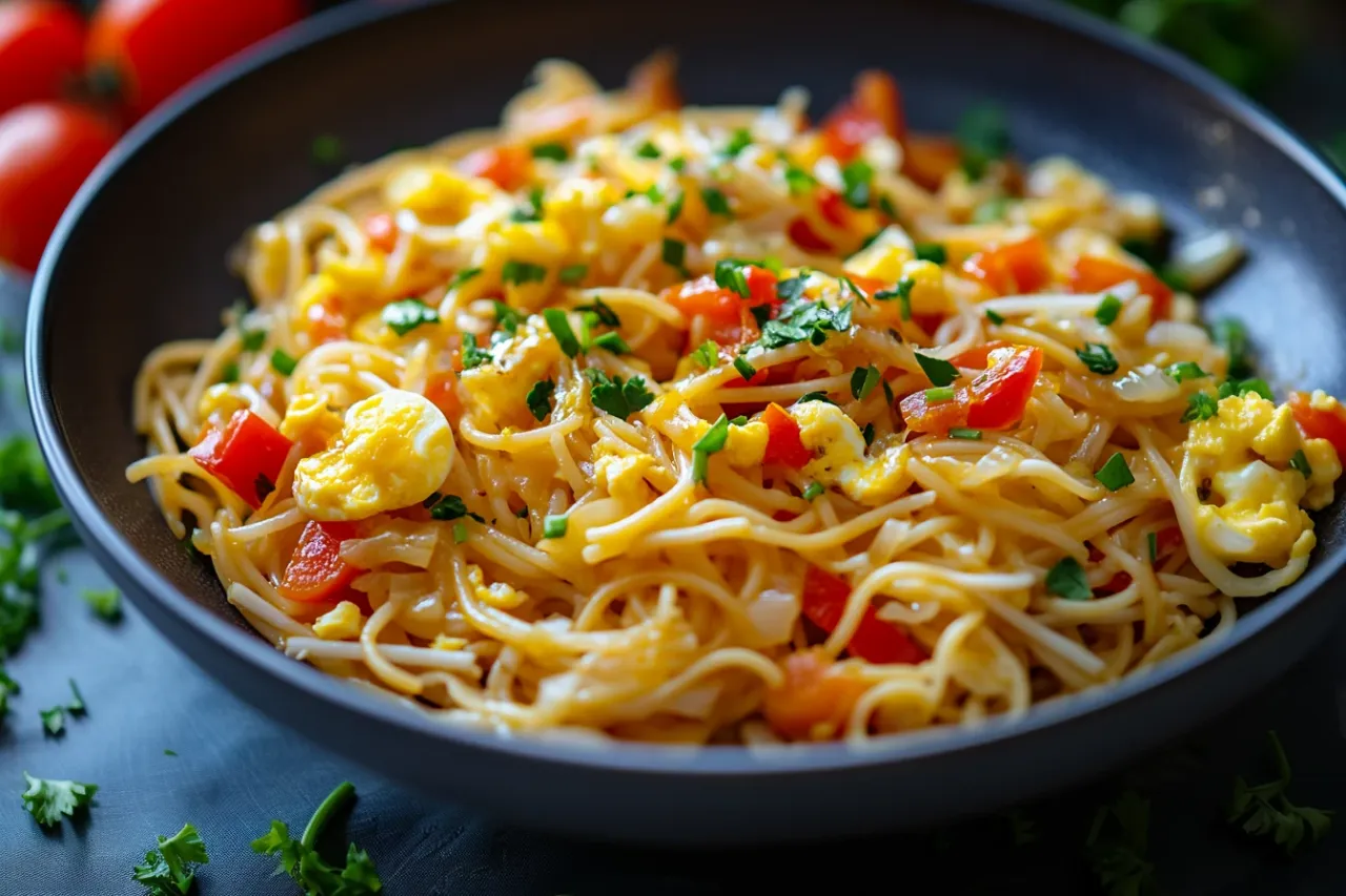 Verschiedene Variationen von gebratenen Nudeln mit Ei nebeneinander