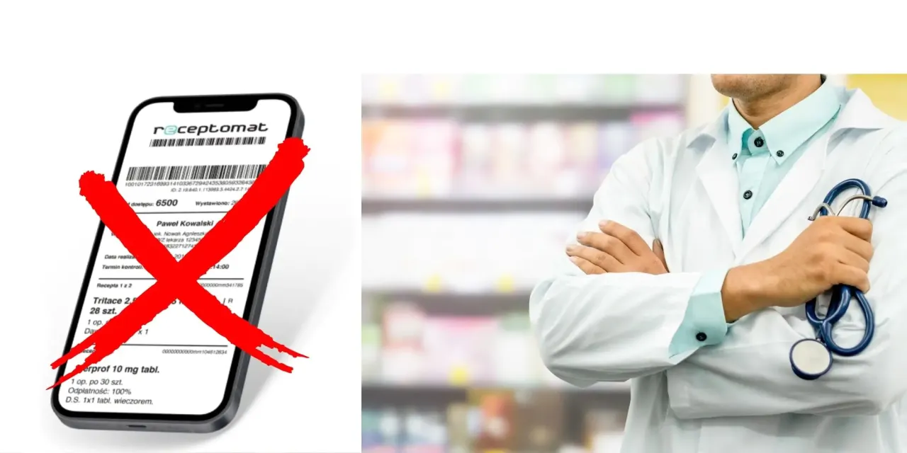 Telefon z e-receptą przekreślony czerwonym X. Obok lekarz w białym kitlu ze stetoskopem.