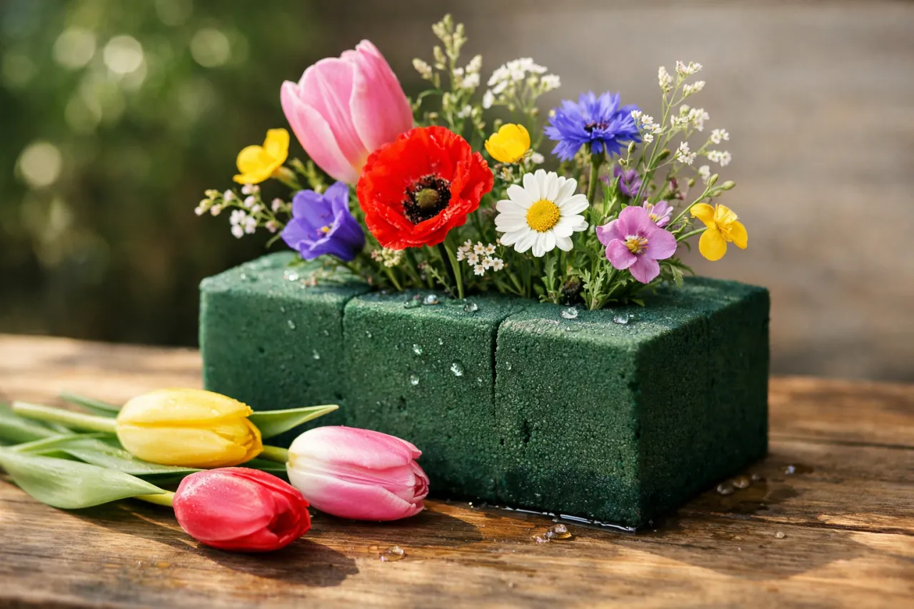 Kolorowe kwiaty, w tym tulipany, maki i stokrotki, są starannie układane w zielonej gąbce florystycznej.