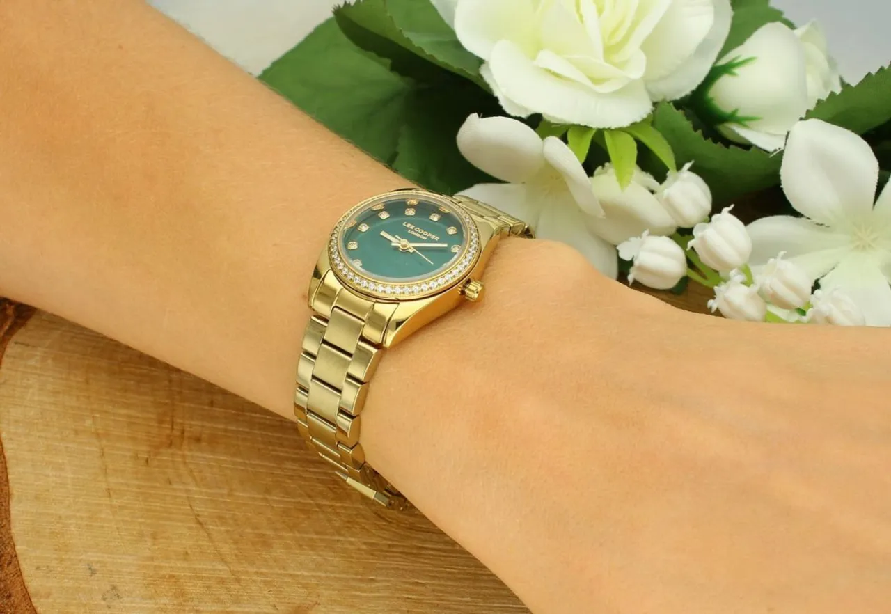 zegarek damski zielona tarcza złota bransoleta