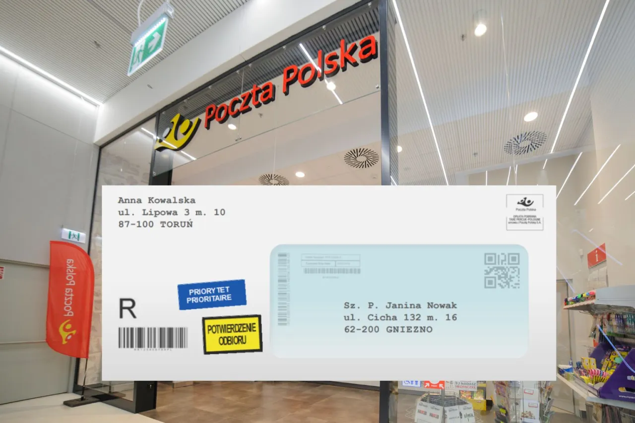 koperta z zaznaczonymi strefami adresowania poczta polska