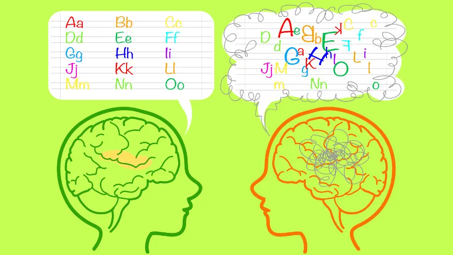 dziecko z dysleksją czytające książkę, schemat m&oacute;zgu