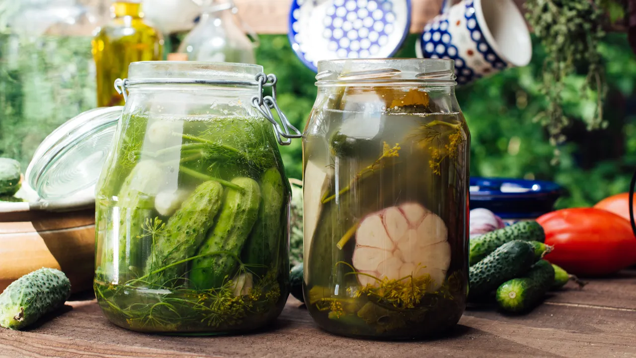 Słoiki z ogórkami małosolnymi, koperkiem, czosnkiem i liśćmi. Idealne przyprawy do ogórków małosolnych.