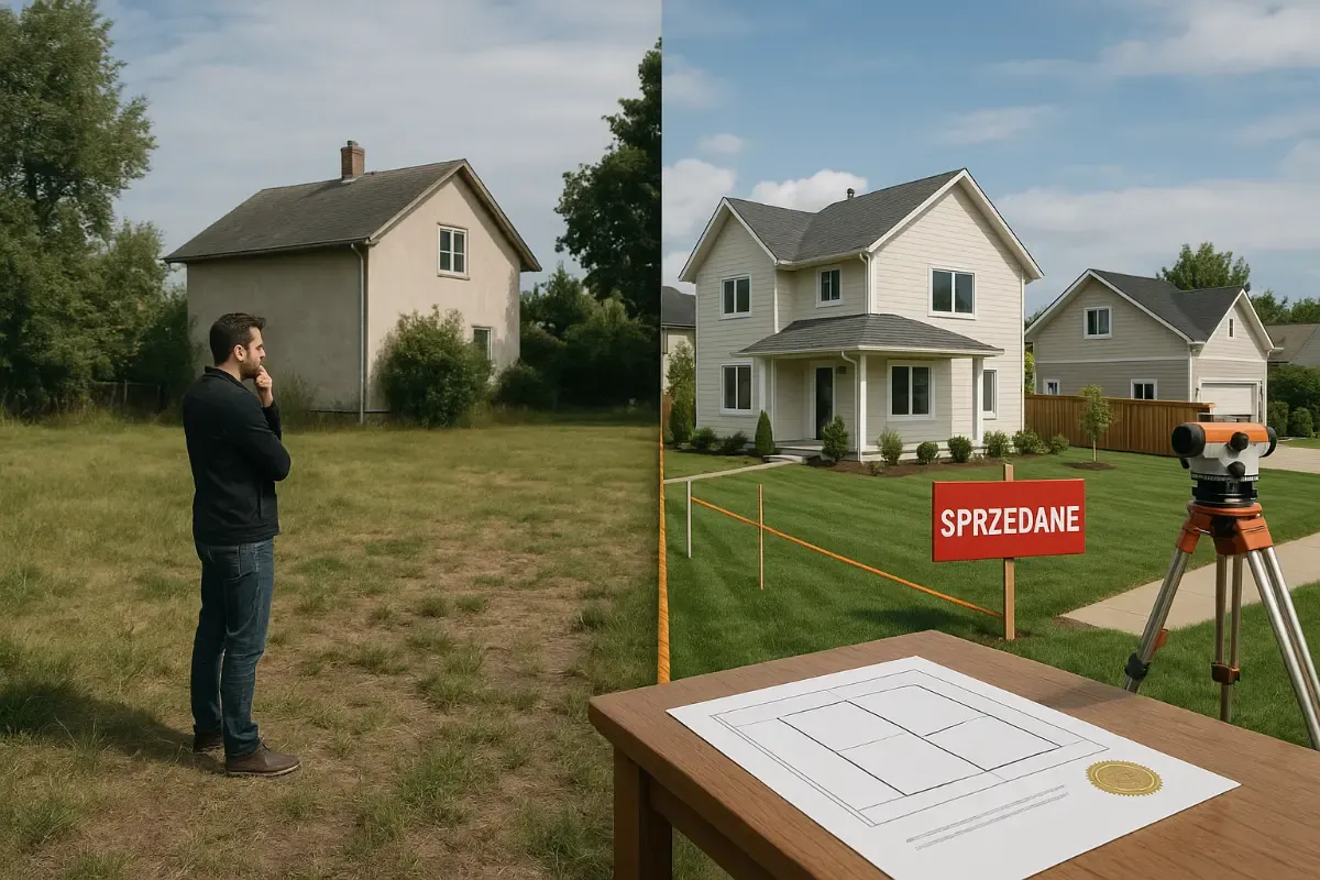 Mężczyzna rozważa podział działki. Po lewej stary dom, po prawej nowy, z tabliczką