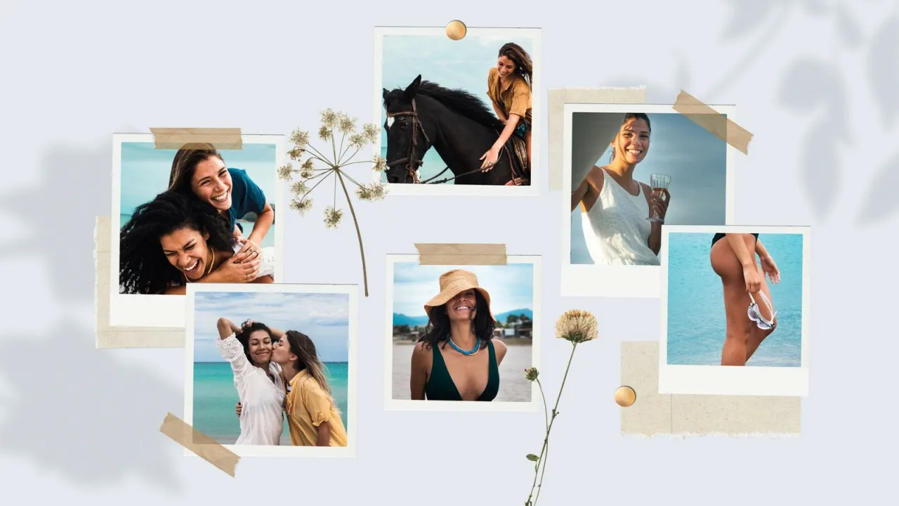 Jak zrobić kolaż zdjęć na komputerze? Zobacz inspiracje: uśmiechnięte kobiety, jazda konna, plaża, drink.