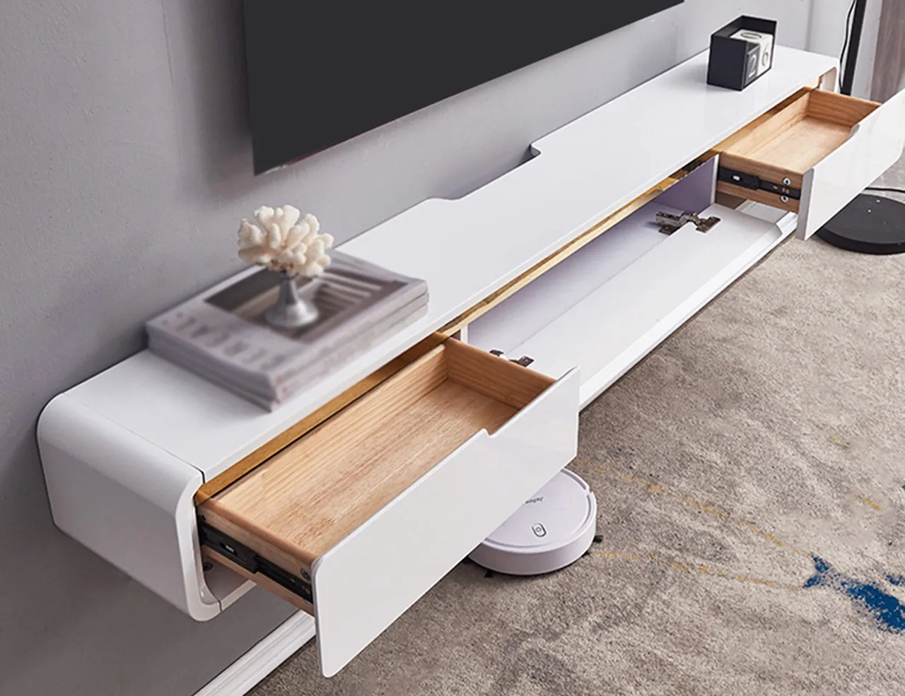 Szafka RTV z inteligentnym zarządzaniem kablami