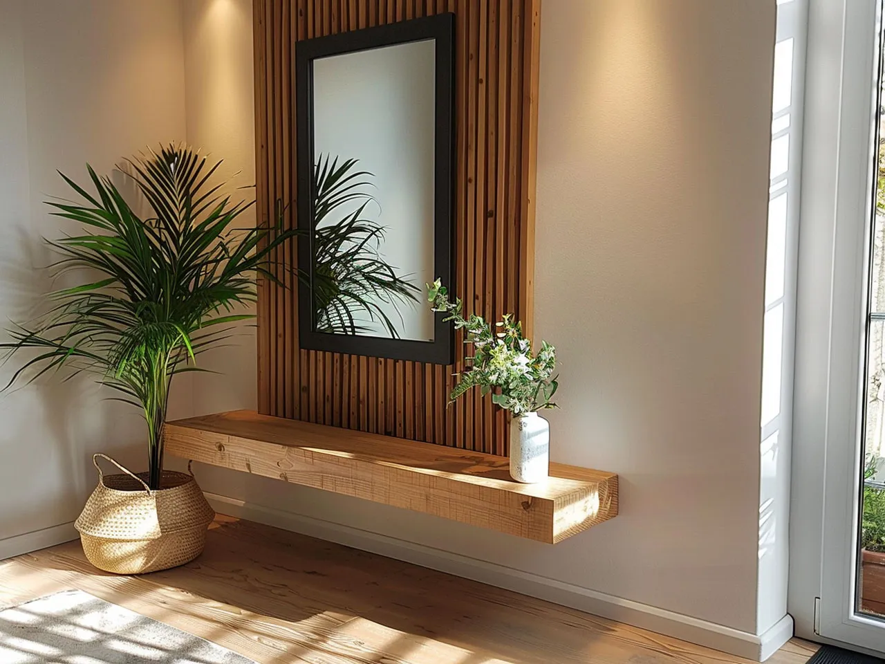 Lustro na lamelach w salonie nowoczesne wnętrze