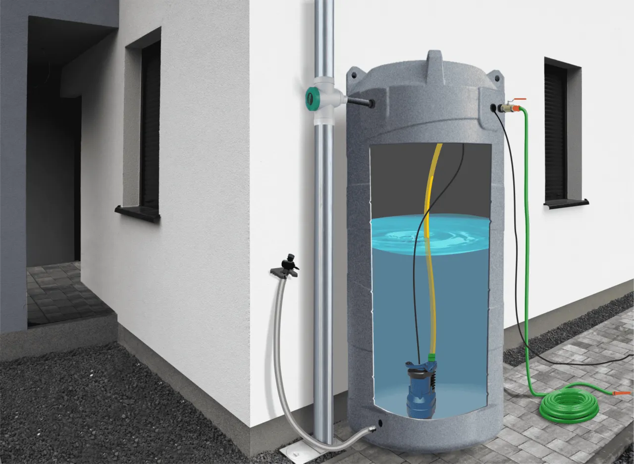 zbiornik na deszczówkę naziemny i podziemny obok siebie na działce