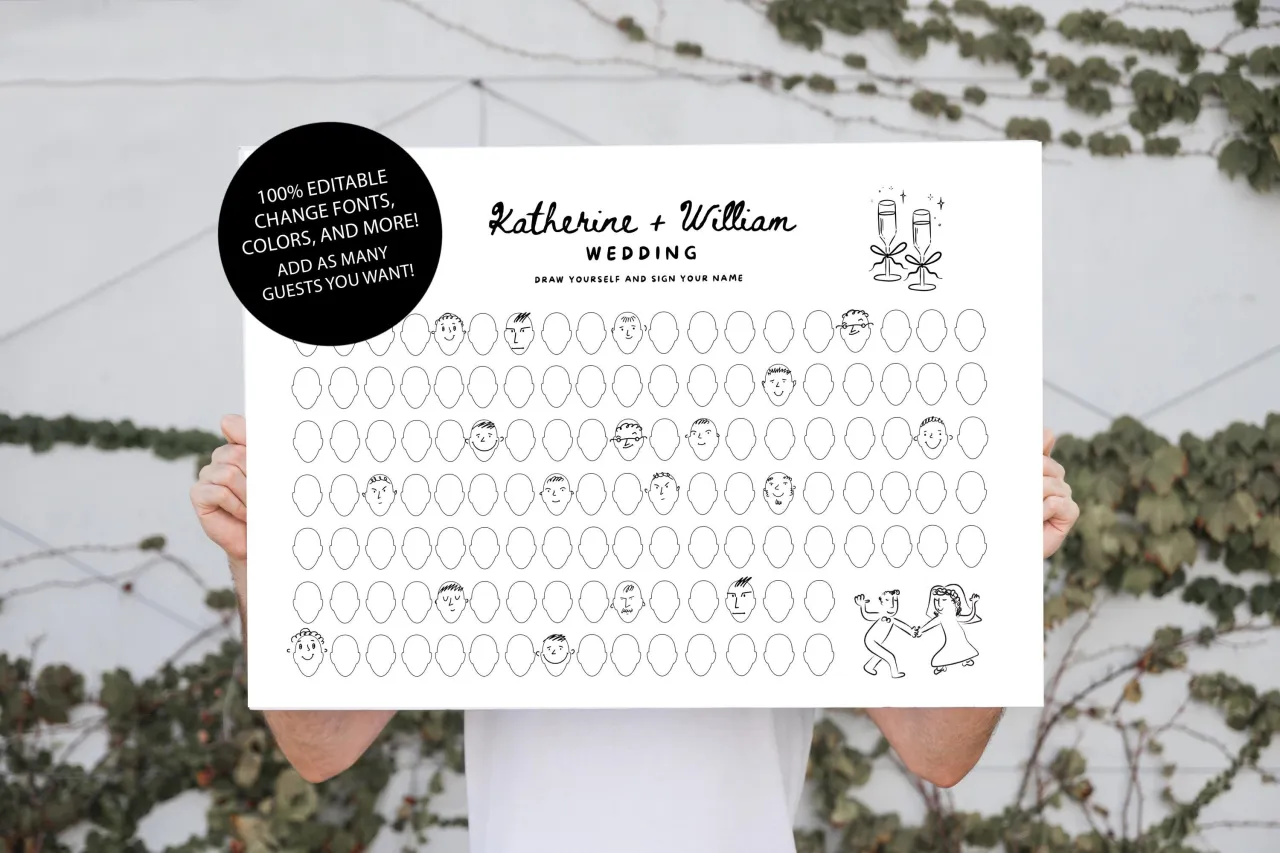 Tablica na wesele Katherine i Williama: goście rysują siebie i wpisują imię. Świetny pomysł co zamiast księgi gości na weselu!