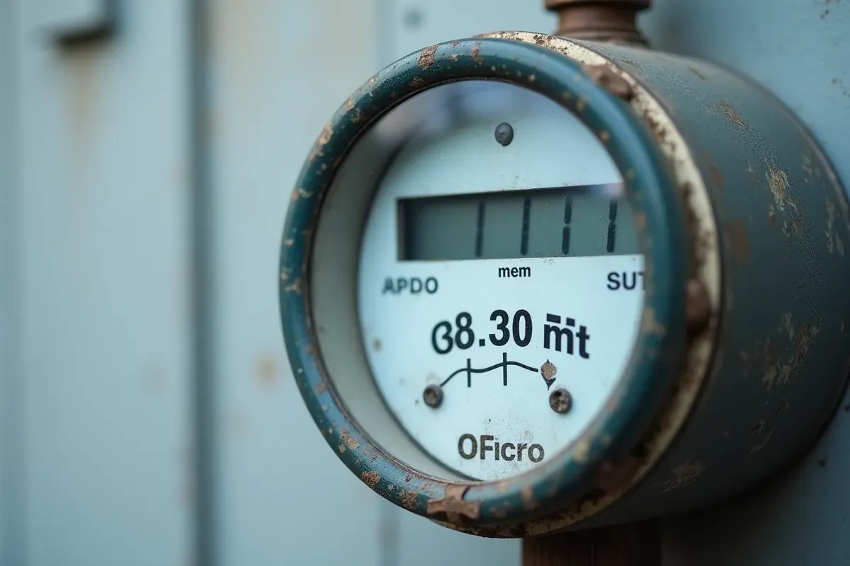 Stary licznik gazu z cyfrowym wyświetlaczem pokazuje 38.30 m³. Prosty sposób, jak czytać licznik gazu.