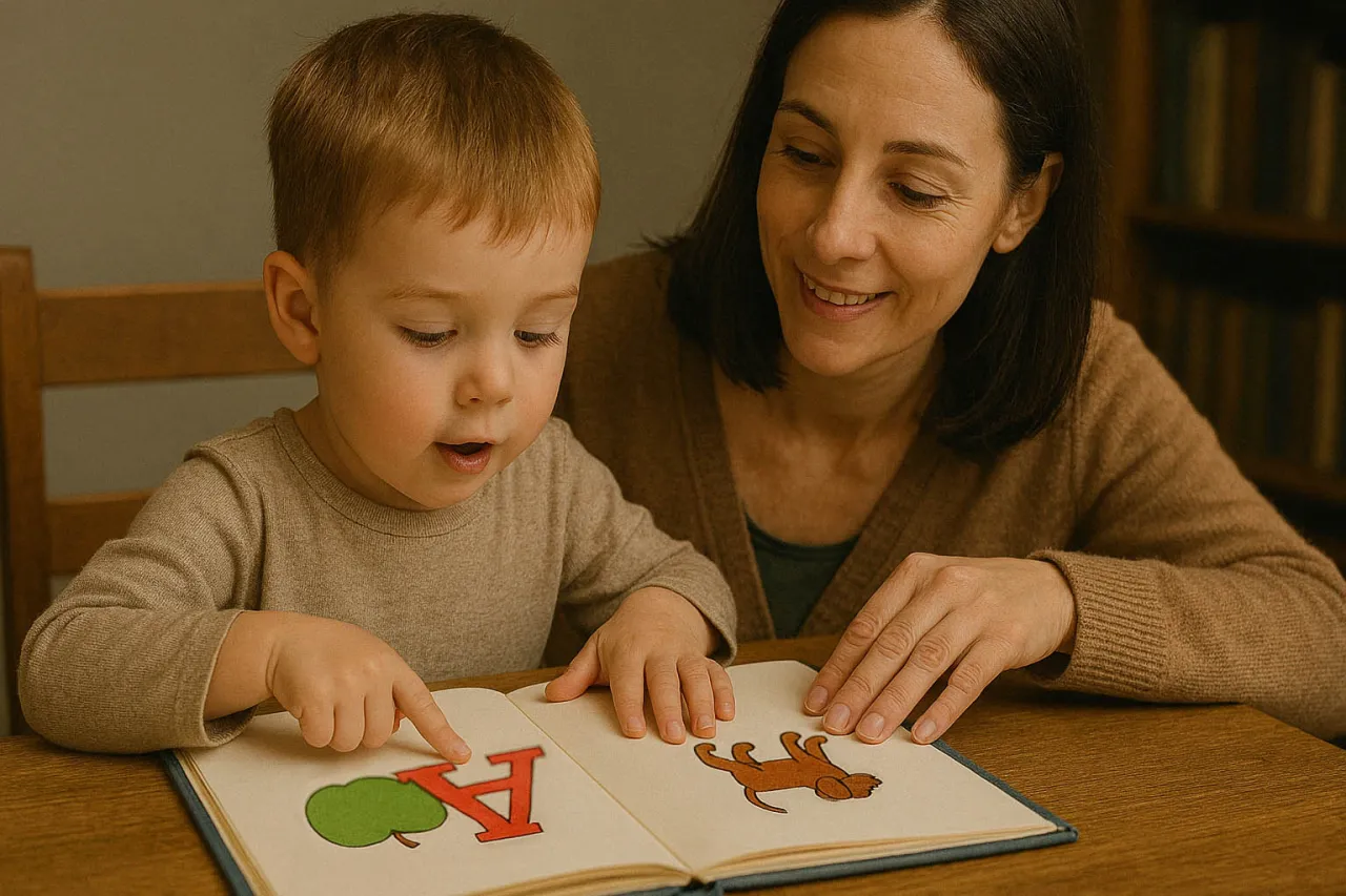 dziecko czyta książkę z rodzicem, uśmiechnięte