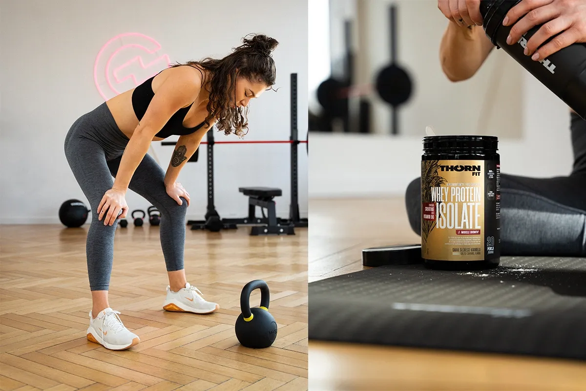 Zmęczona po treningu crossfit, zastanawiasz się, jakie odżywki wybrać? Na zdjęciu widzimy izolat białka serwatkowego, idealny do regeneracji mięśni.