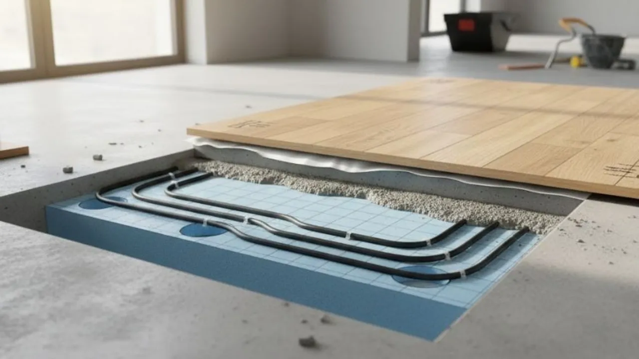 Warstwowa konstrukcja podłogi z niebieskim styropianem pod wylewkę, na kt&oacute;rym ułożono rury ogrzewania podłogowego, a całość przykryta płytami drewnianymi.