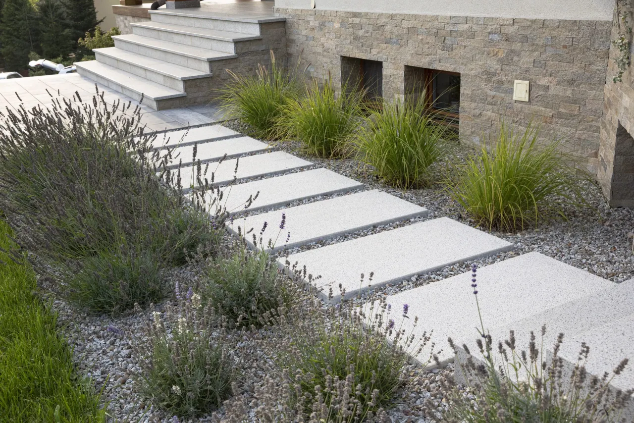 Nowoczesne płyty betonowe na podjazd zamiast kostki, otoczone lawendą i trawami ozdobnymi.