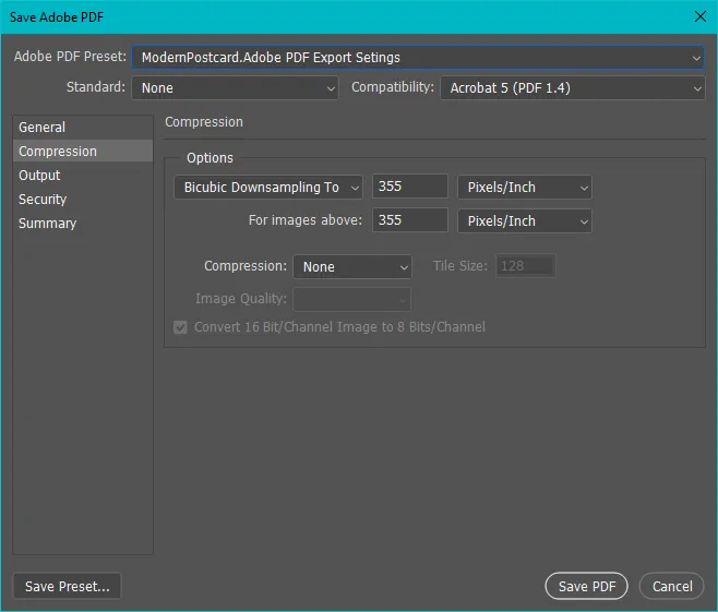 Photoshop Export As dialog compression settings