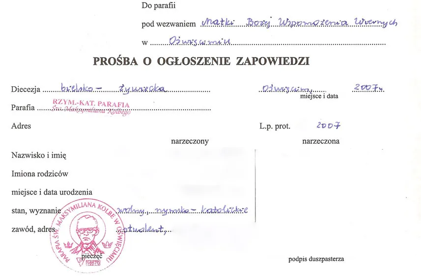 Zapowiedzi przedślubne ogłoszenie kości&oacute;ł